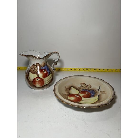 Vintage Porcelain Pitcher and Bowl Wash Basin Set Hand painted Fruit Kitchen - Picture 3 of 16